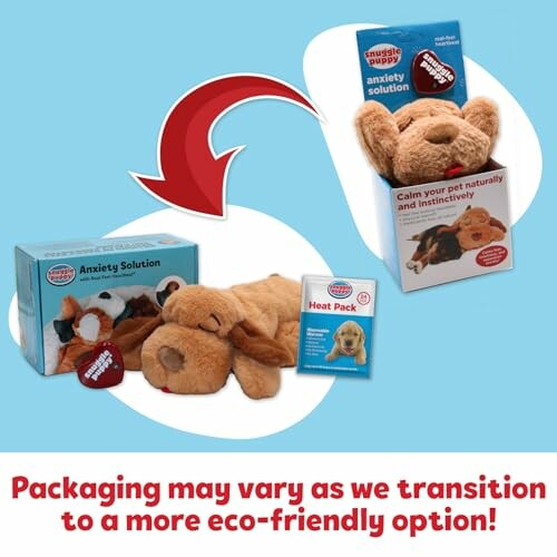 Stuffed dog toy with real-feel heartbeat and packaging.