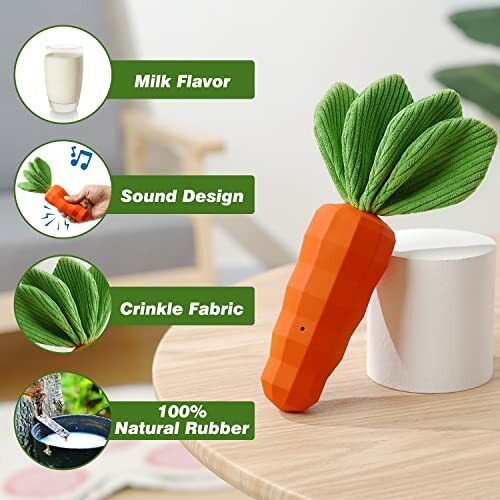 Carrot-shaped dog toy with features highlighted: milk flavor, sound design, crinkle fabric, natural rubber.