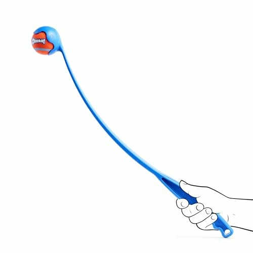 Blue dog ball thrower with hand holding it.