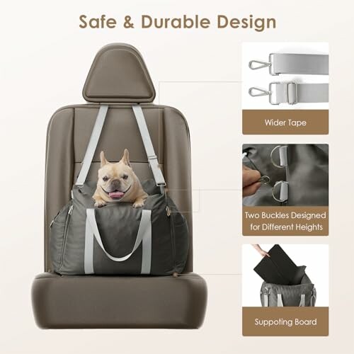 Dog sitting in a car seat with safety design features.