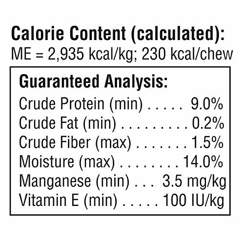 Nutritional analysis of dog food showing calorie content and guaranteed analysis of protein, fat, fiber, moisture, manganese, and vitamin E.