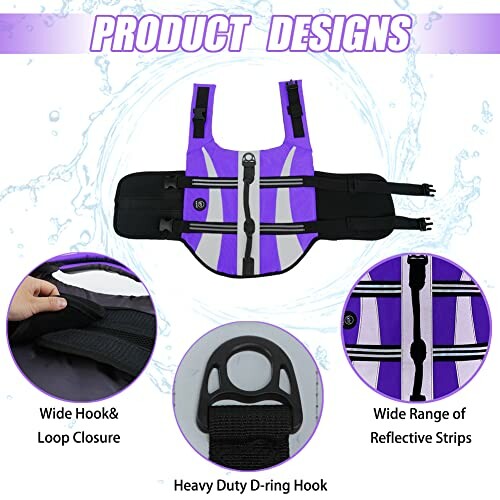 Dog life jacket with hook and loop closure, reflective strips, and D-ring hook.