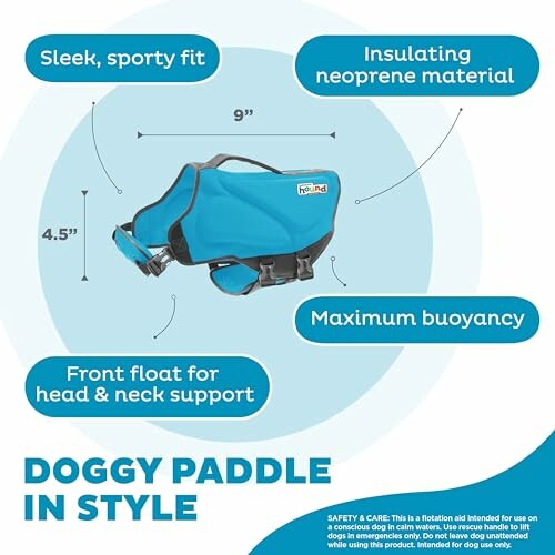 Features of the Outward Hound Dawson Swim Blue Dog Life Jacket, including a sleek fit and insulating neoprene.