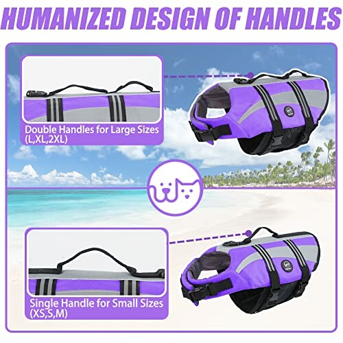 Infographic showing humanized design of handles on a dog life jacket, with double handles for large sizes and single handle for small sizes.