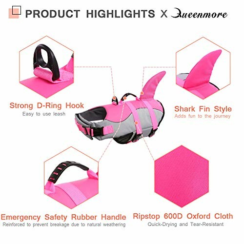 Pink dog life jacket with shark fin style and safety features.