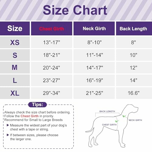 Dog size chart with measurements for chest girth, neck girth, and back length.