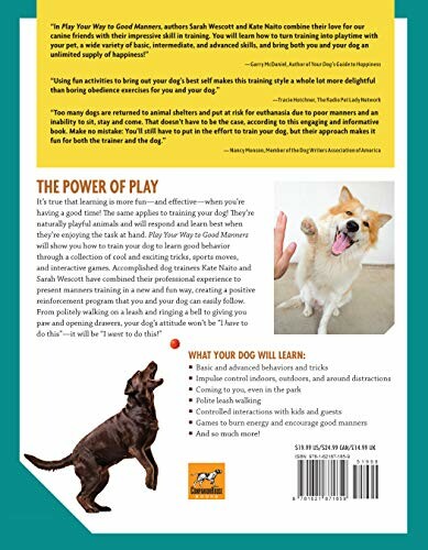 Back cover of a dog training book featuring a puppy and a corgi with training tips.