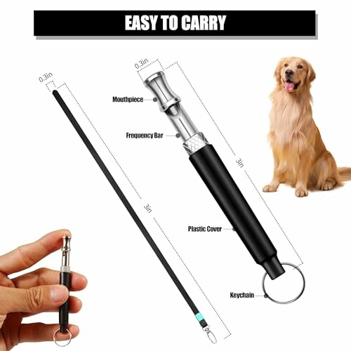 Dog training whistle with keychain, frequency bar, and a golden retriever.