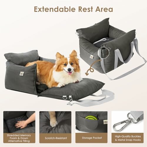 Dog resting on an extendable bed with features like shredded memory foam, scratch-resistant material, storage pocket, and high-quality buckles.