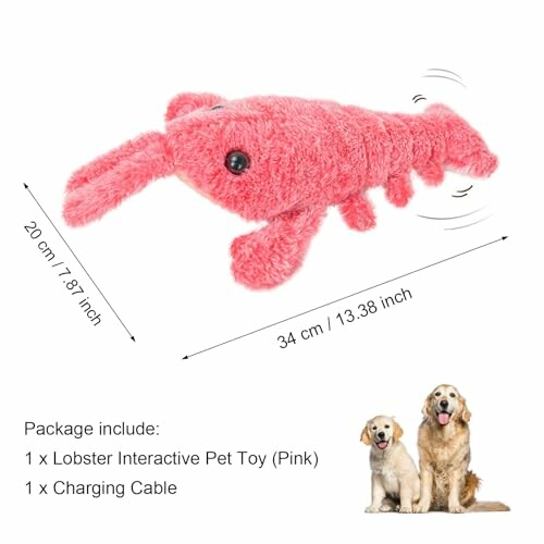 Pink lobster pet toy with dimensions and dogs illustration