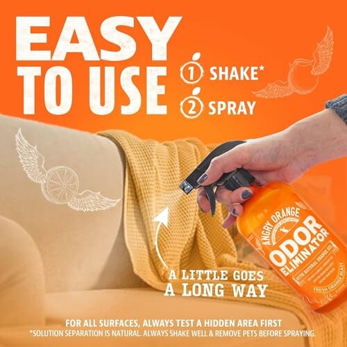 Instructions for using an odor eliminator spray with image of a spray bottle.