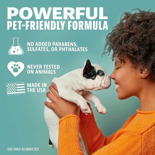 Woman holding a dog with text promoting a powerful pet-friendly formula.