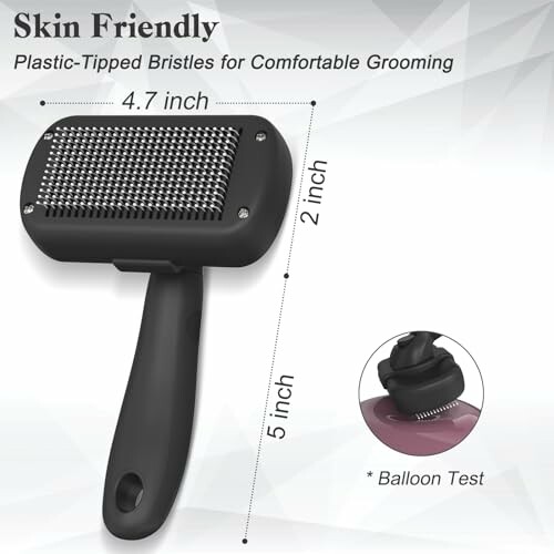 Pet grooming brush with plastic-tipped bristles and dimensions.