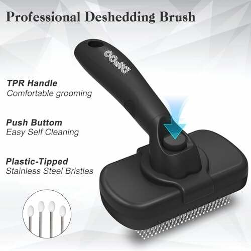 Diagram of a professional deshedding brush with TPR handle and self-cleaning button.