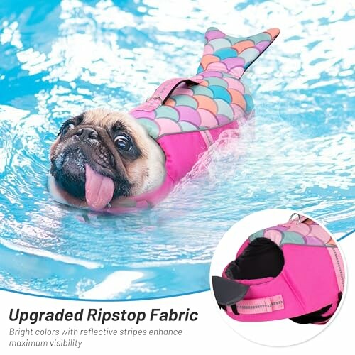 Pug wearing a mermaid-style life jacket swimming in a pool.