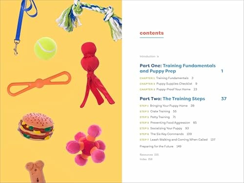 Table of contents for a puppy training guide with colorful dog toys.