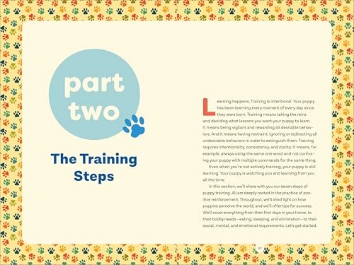 Puppy training guide with paw print background and text about learning and training steps.